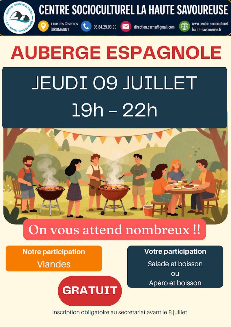 Affiche de l’auberge espagnole organisée par le Centre Socioculturel La Haute Savoureuse, jeudi 9 juillet de 19h à 22h. L’événement est gratuit, avec inscription obligatoire avant le 8 juillet. L’illustration montre des personnes réunies en extérieur autour de barbecues et d’une table, dans une ambiance conviviale.
