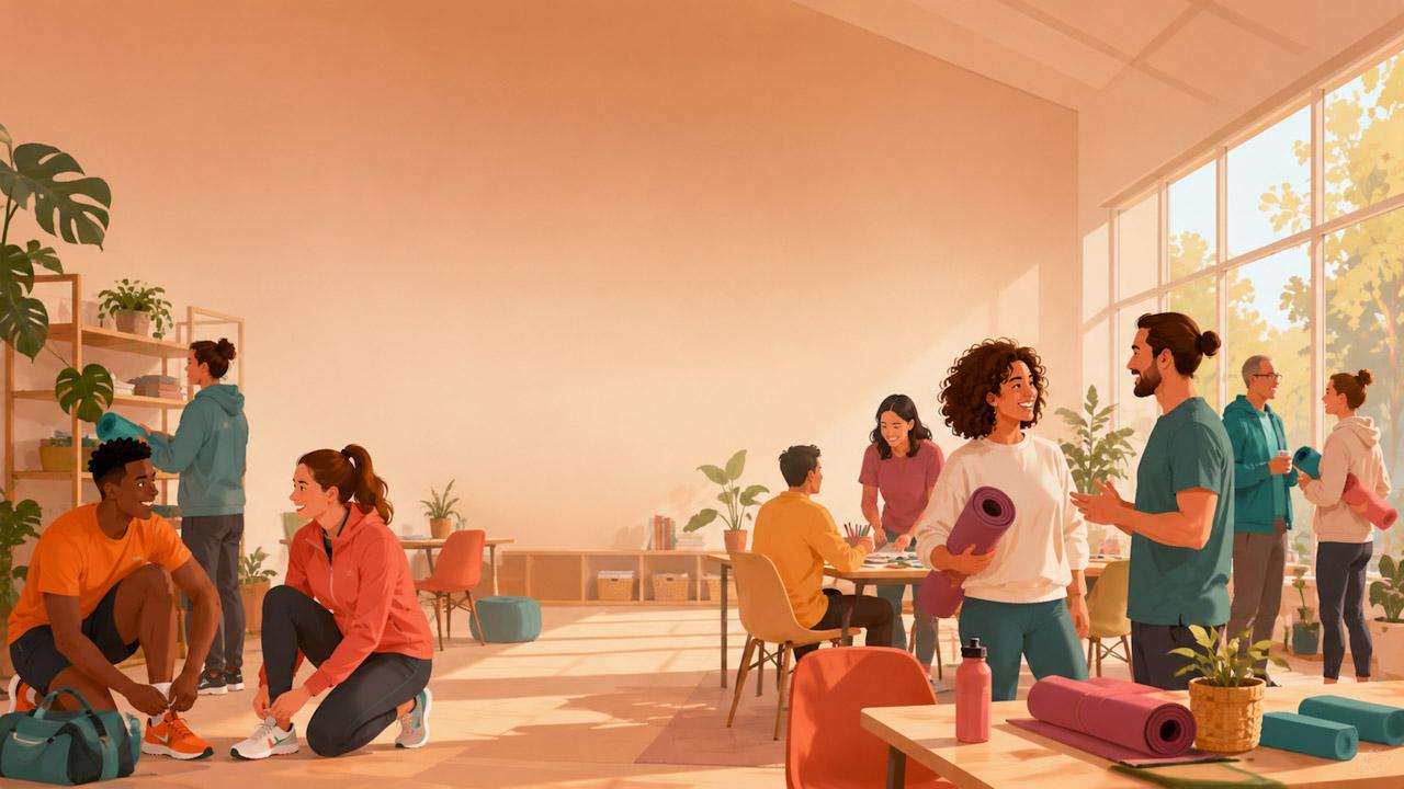 Illustration d’un espace convivial de centre socioculturel avec des personnes préparant des activités, pour la page recrutement du Centre Socioculturel La Haute Savoureuse.