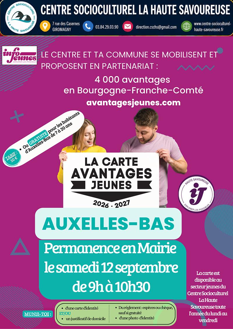 Permanences CAJ 2026 - 4 Affiche annonçant une permanence de la "Carte Avantages Jeunes" à Auxelles-Bas le "samedi 12 septembre de 9h à 10h30", organisée en partenariat avec Info Jeunes et le Centre Socioculturel La Haute Savoureuse.