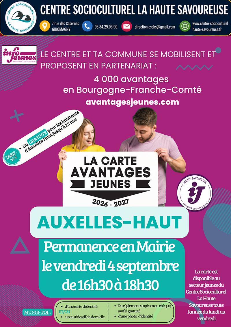 Permanences CAJ 2026 - 2 Affiche annonçant une permanence de la "Carte Avantages Jeunes" à Auxelles-Haut le "vendredi 4 septembre de 16h30 à 18h30", organisée en partenariat avec Info Jeunes et le Centre Socioculturel La Haute Savoureuse.
