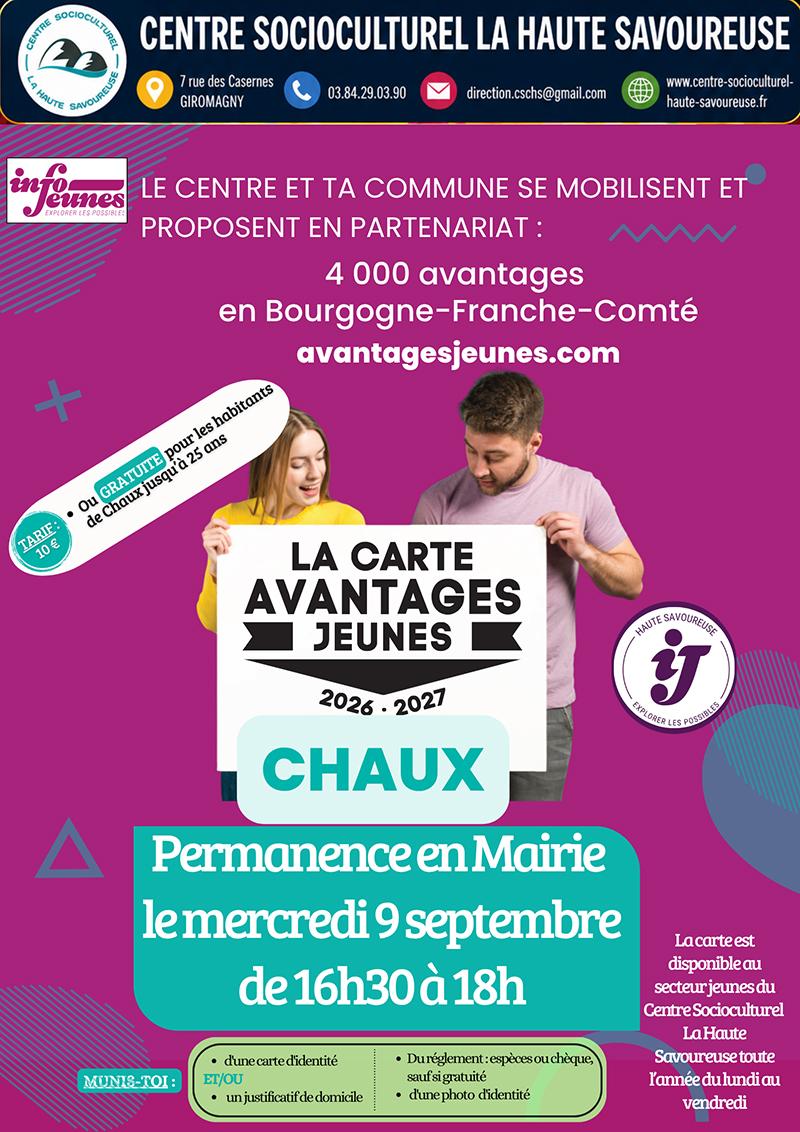 Permanences CAJ 2026 - 3 Affiche annonçant une permanence de la "Carte Avantages Jeunes" à Chaux le "mercredi 9 septembre de 16h30 à 18h", organisée en partenariat avec Info Jeunes et le Centre Socioculturel La Haute Savoureuse.