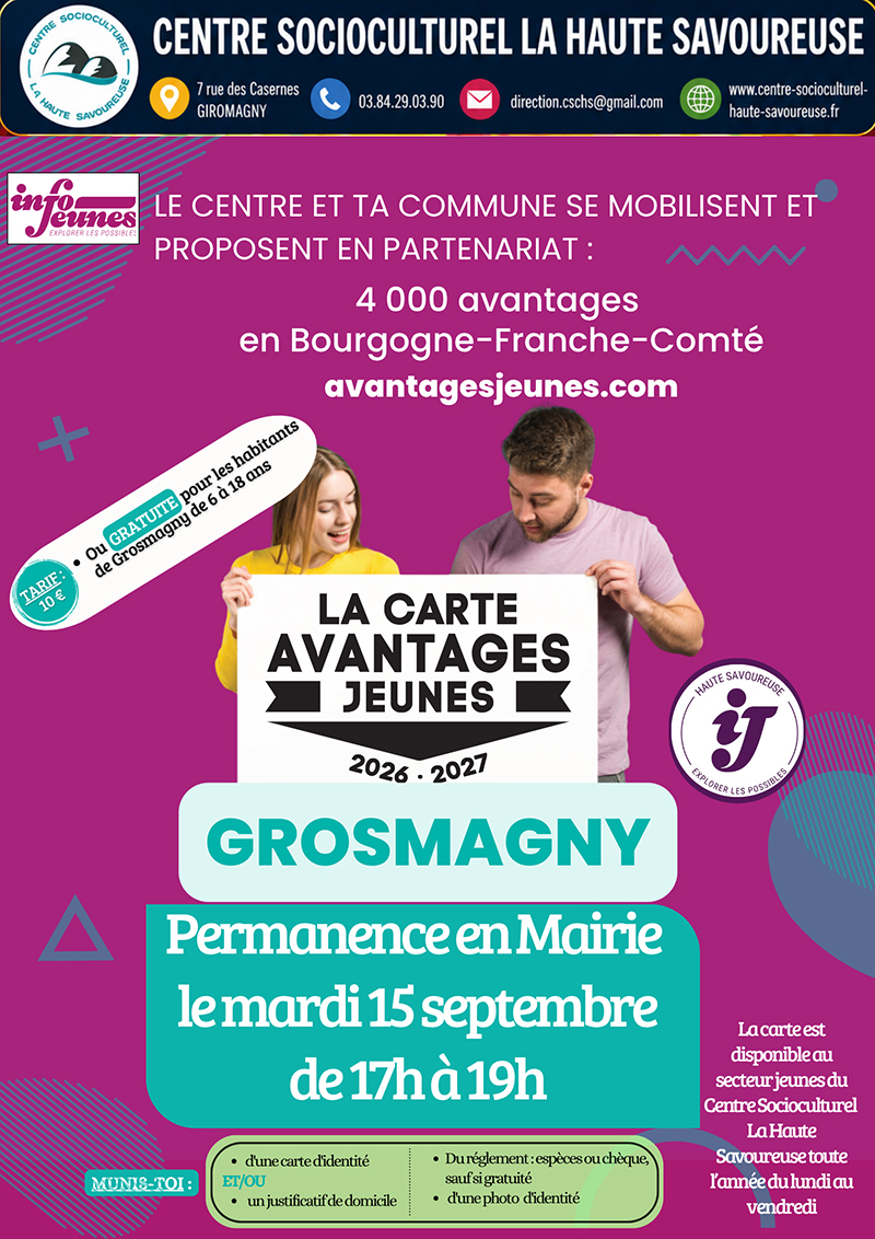 Permanences CAJ 2026 - 5 Affiche annonçant une permanence de la "Carte Avantages Jeunes" à Grosmagny le "mardi 15 septembre de 17h à 19h", organisée en partenariat avec Info Jeunes et le Centre Socioculturel La Haute Savoureuse.