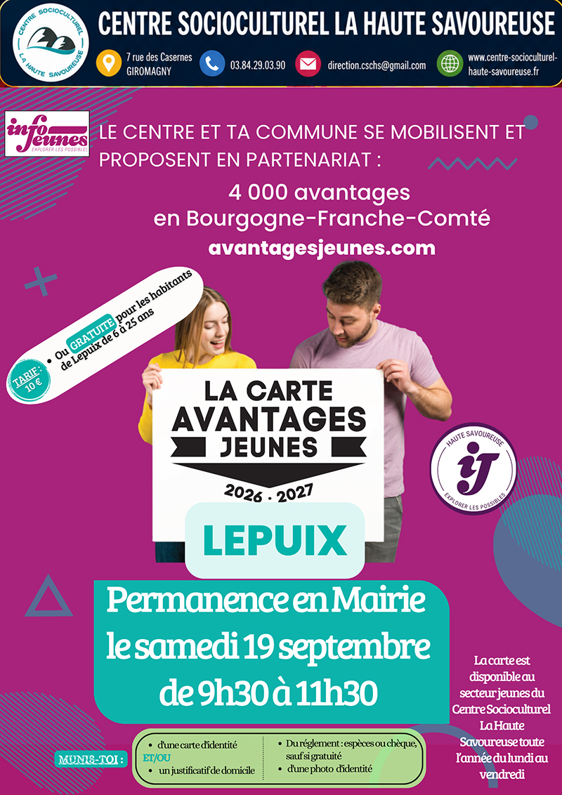 Permanences CAJ 2026 - 7 Affiche annonçant une permanence de la "Carte Avantages Jeunes" à Lepuix le "samedi 19 septembre de 9h30 à 11h30", organisée en partenariat avec Info Jeunes et le Centre Socioculturel La Haute Savoureuse.