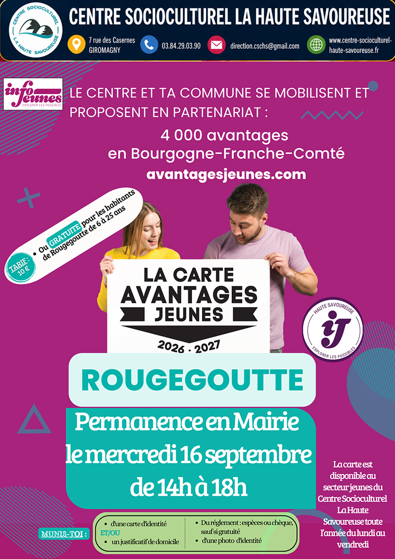 Permanences CAJ 2026 - 6 Affiche annonçant une permanence de la "Carte Avantages Jeunes" à Rougegoutte le "mercredi 16 septembre de 14h à 18h", organisée en partenariat avec Info Jeunes et le Centre Socioculturel La Haute Savoureuse.