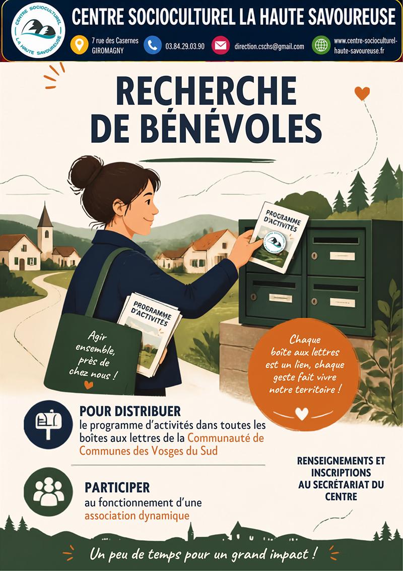 Affiche de recherche de bénévoles du Centre Socioculturel La Haute Savoureuse pour distribuer le programme d’activités dans les boîtes aux lettres de la Communauté de Communes des Vosges du Sud et participer à la vie de l’association.