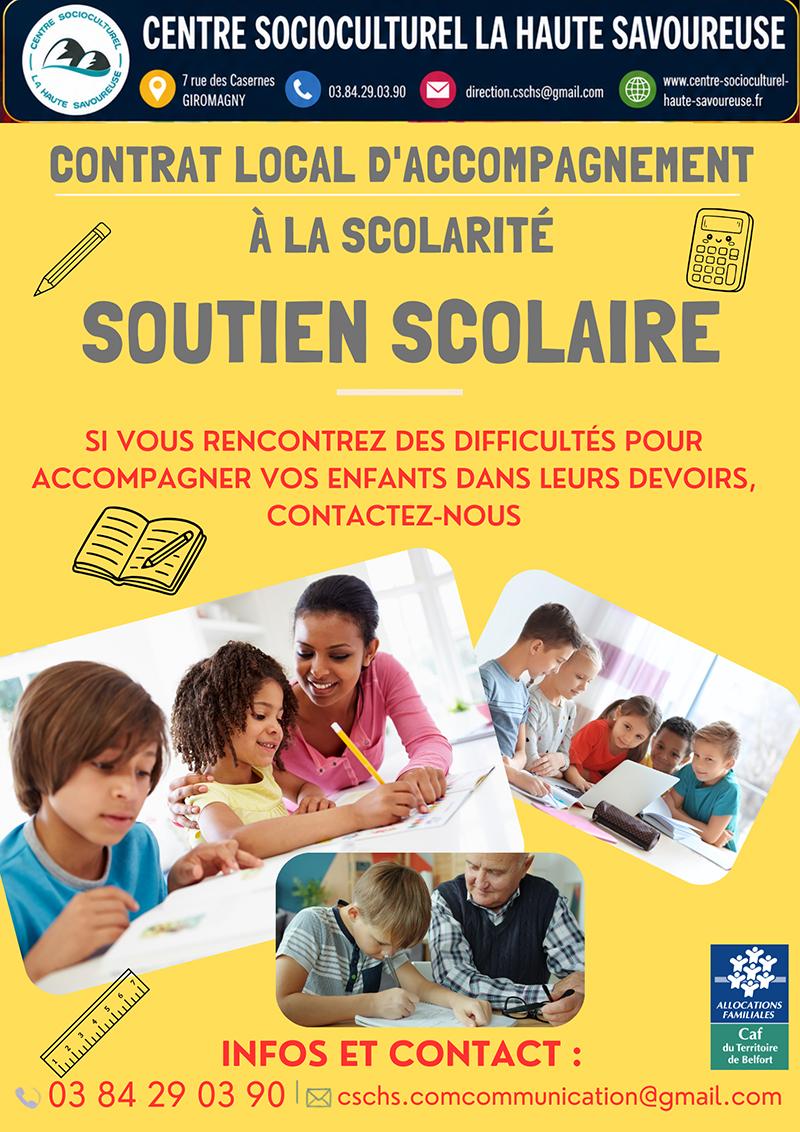 Affiche du Contrat local d’accompagnement à la scolarité proposant un soutien scolaire aux enfants et aux familles rencontrant des difficultés avec les devoirs, organisé par le Centre Socioculturel La Haute Savoureuse.