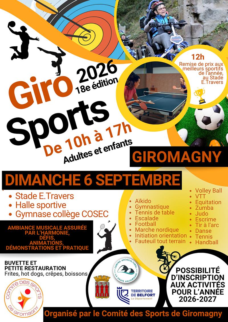 Affiche de la 18e édition de Giro Sports à Giromagny, le dimanche 6 septembre 2026 de 10h à 17h, proposant aux adultes et aux enfants de découvrir et pratiquer de nombreuses activités sportives.