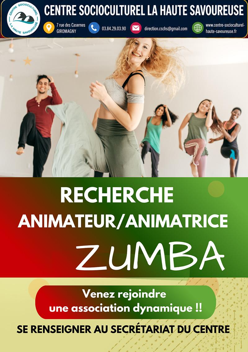 Affiche de recrutement d’un animateur ou d’une animatrice Zumba pour rejoindre l’équipe du Centre Socioculturel La Haute Savoureuse et animer des séances de Zumba.