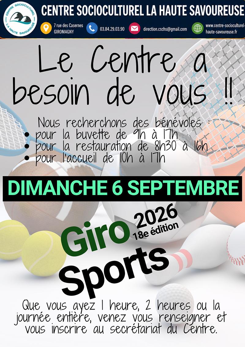 Affiche de recherche de bénévoles pour la 18e édition de Giro Sports, organisée le dimanche 6 septembre 2026 : besoin d’aide pour la buvette, la restauration et l’accueil tout au long de la journée.