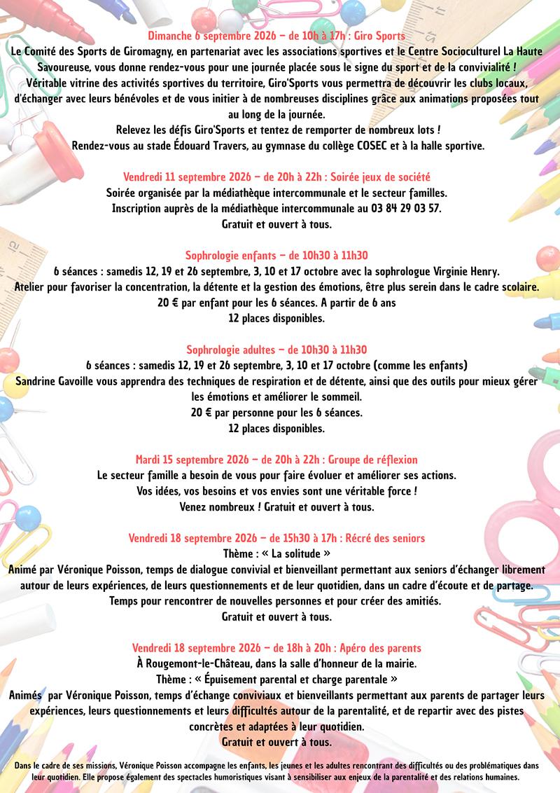 Programme secteur familles sept oct 2026 - 2 Programme du secteur familles du Centre Socioculturel La Haute Savoureuse en septembre 2026 : Giro Sports le 6 septembre, soirée jeux de société le 11, séances de sophrologie enfants et adultes, groupe de réflexion le 15, Récré des seniors et Apéro des parents le 18 septembre.