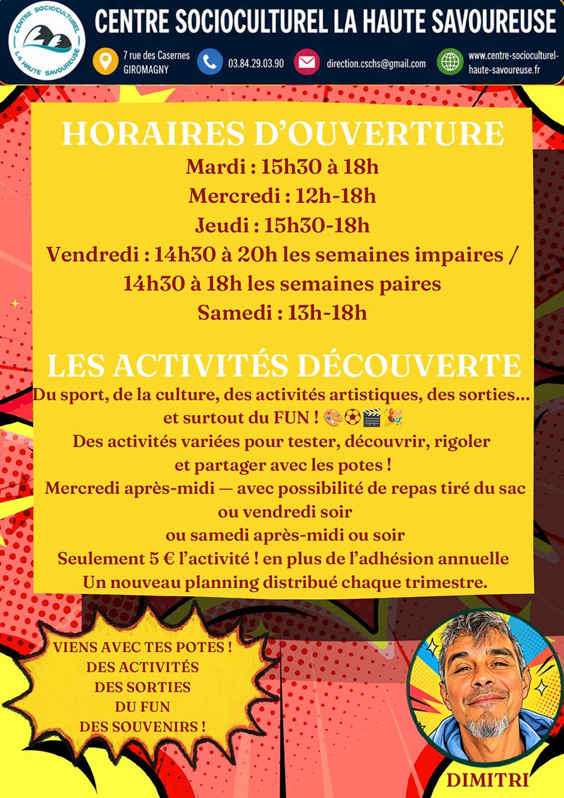 rentree-secteur-jeunes-septembre-octobre-2026-page-0002 copie Affiche des horaires d’ouverture et des activités découverte du secteur jeunes du Centre Socioculturel La Haute Savoureuse : sport, culture, activités artistiques et sorties les mercredis, vendredis ou samedis. Activités à 5 € en plus de l’adhésion annuelle, avec un nouveau planning chaque trimestre.