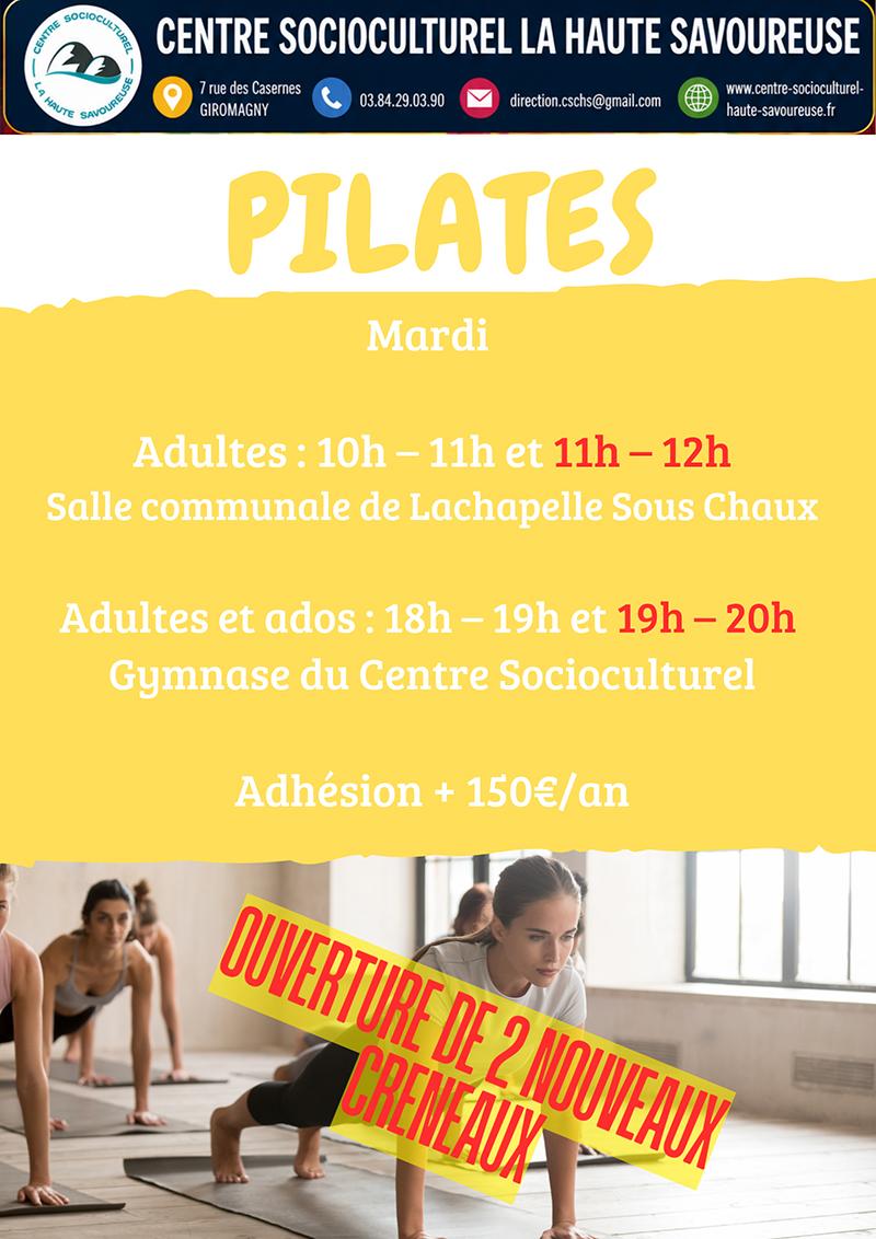 Le Centre Socioculturel La Haute Savoureuse ouvre deux nouveaux créneaux de Pilates le mardi ! Retrouvez les séances pour adultes de 10h à 11h et de 11h à 12h à la salle communale de Lachapelle-sous-Chaux, ainsi que les séances pour adultes et adolescents de 18h à 19h et de 19h à 20h au gymnase du Centre Socioculturel. Une activité idéale pour renforcer les muscles en douceur, améliorer la posture, la souplesse et le bien-être. Tarif : 150 € par an + adhésion. Renseignements et inscriptions auprès du secrétariat du Centre.