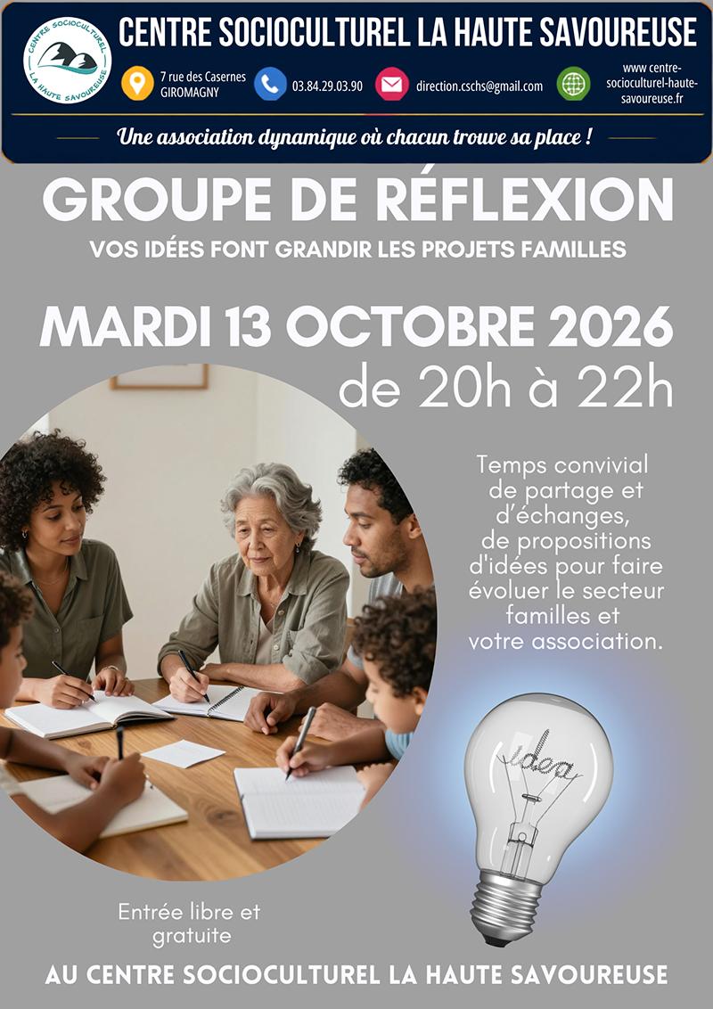 Le groupe de réflexion du secteur familles vous donne rendez-vous mardi 13 octobre de 20h à 22h au Centre Socioculturel La Haute Savoureuse. Un temps convivial pour partager vos idées, échanger, faire des propositions et participer à l’évolution des projets du secteur familles et de votre association. Entrée libre et gratuite.