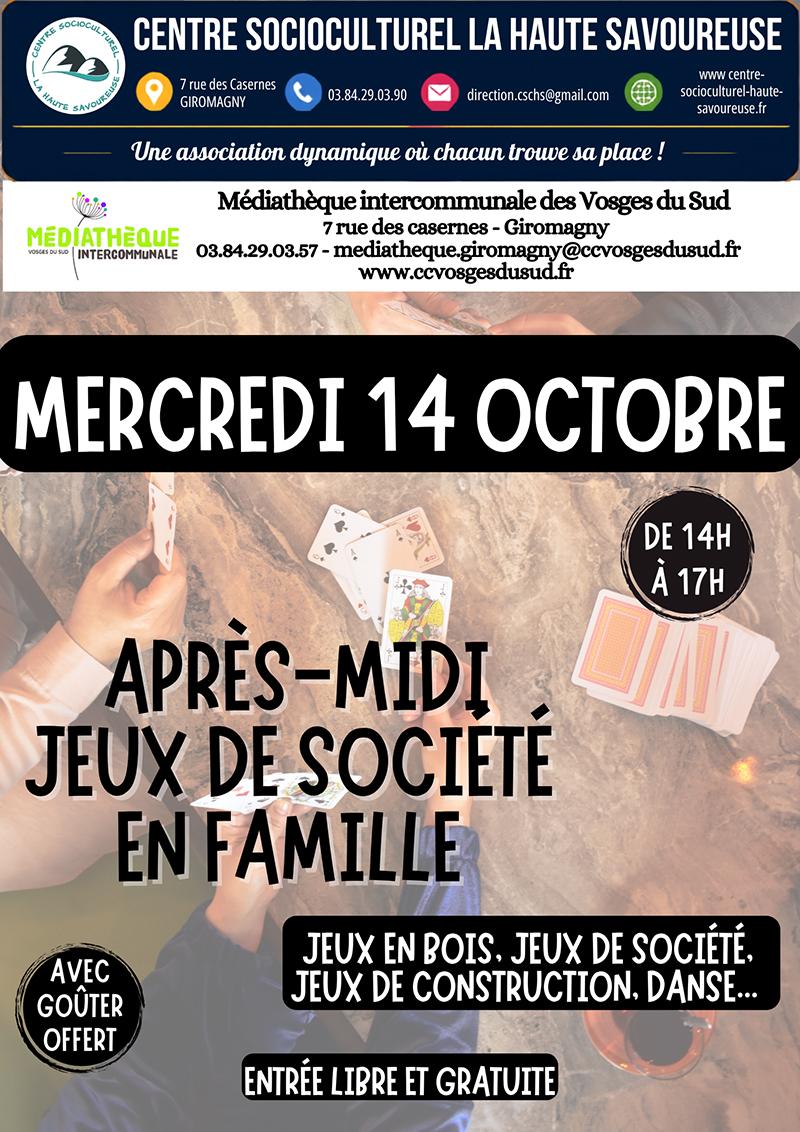 Mercredi 14 octobre, de 14h à 17h, venez profiter d’un après-midi jeux de société en famille au Centre Socioculturel La Haute Savoureuse, en partenariat avec la Médiathèque intercommunale des Vosges du Sud. Au programme : jeux en bois, jeux de société, jeux de construction, danse et bien d’autres activités pour petits et grands. Un moment convivial à partager en famille, avec un goûter offert. Entrée libre et gratuite, ouvert à tous !