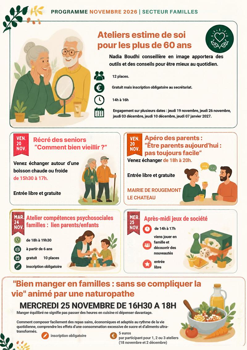 Programme familles novembre 2026 Affiche illustrée du programme de novembre 2026 du secteur familles du Centre Socioculturel La Haute Savoureuse à Giromagny. Sur un fond clair aux tons automnaux, plusieurs encadrés présentent les ateliers estime de soi pour les plus de 60 ans, la récré des seniors et l’apéro des parents du 20 novembre, un atelier parents-enfants le 24 novembre, ainsi que des jeux de société et un atelier sur l’alimentation familiale le 25 novembre. Des illustrations chaleureuses représentent des seniors, des parents avec leurs enfants, des jeux et des aliments colorés.