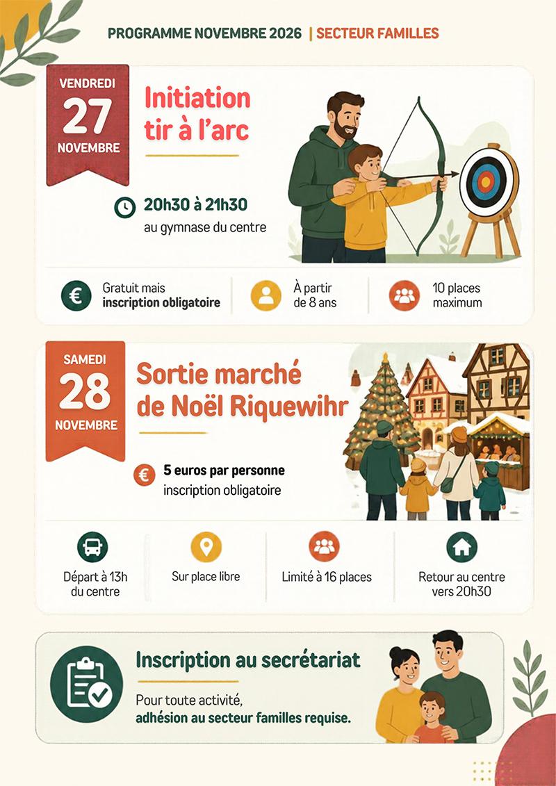Programme familles novembre 2026 Affiche illustrée du programme de novembre 2026 du secteur familles du Centre Socioculturel La Haute Savoureuse à Giromagny. Sur un fond clair aux couleurs automnales, deux encadrés présentent une initiation au tir à l’arc le vendredi 27 novembre et une sortie familiale au marché de Noël de Riquewihr le samedi 28 novembre. Les illustrations montrent un père accompagnant son enfant au tir à l’arc et une famille découvrant un marché de Noël alsacien, avec ses maisons à colombages, ses chalets et son sapin illuminé.